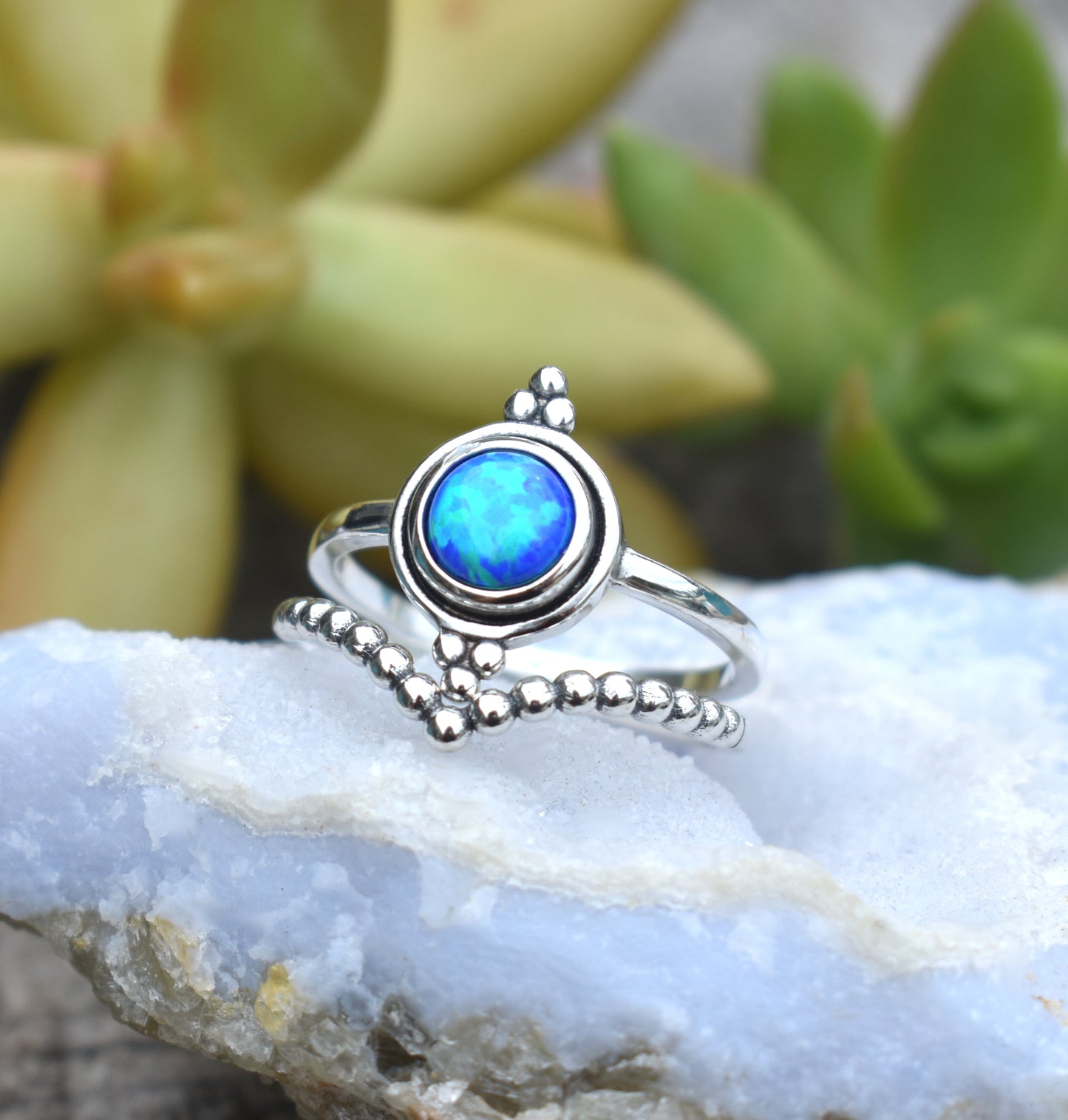 Blue Opal Engagement Ring- Opal Ring, October Birthstone- Sterling Silver