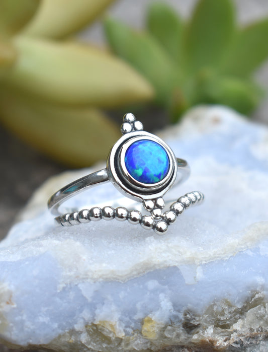 Blue Opal Engagement Ring- Opal Ring, October Birthstone- Sterling Silver