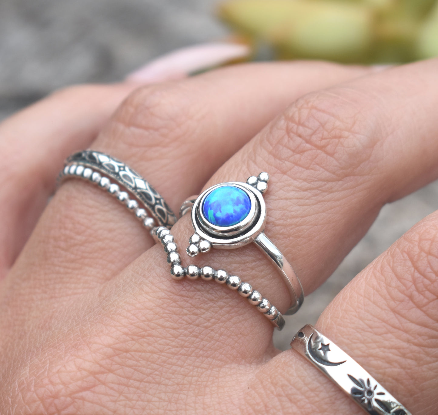 Blue Opal Engagement Ring- Opal Ring, October Birthstone- Sterling Silver