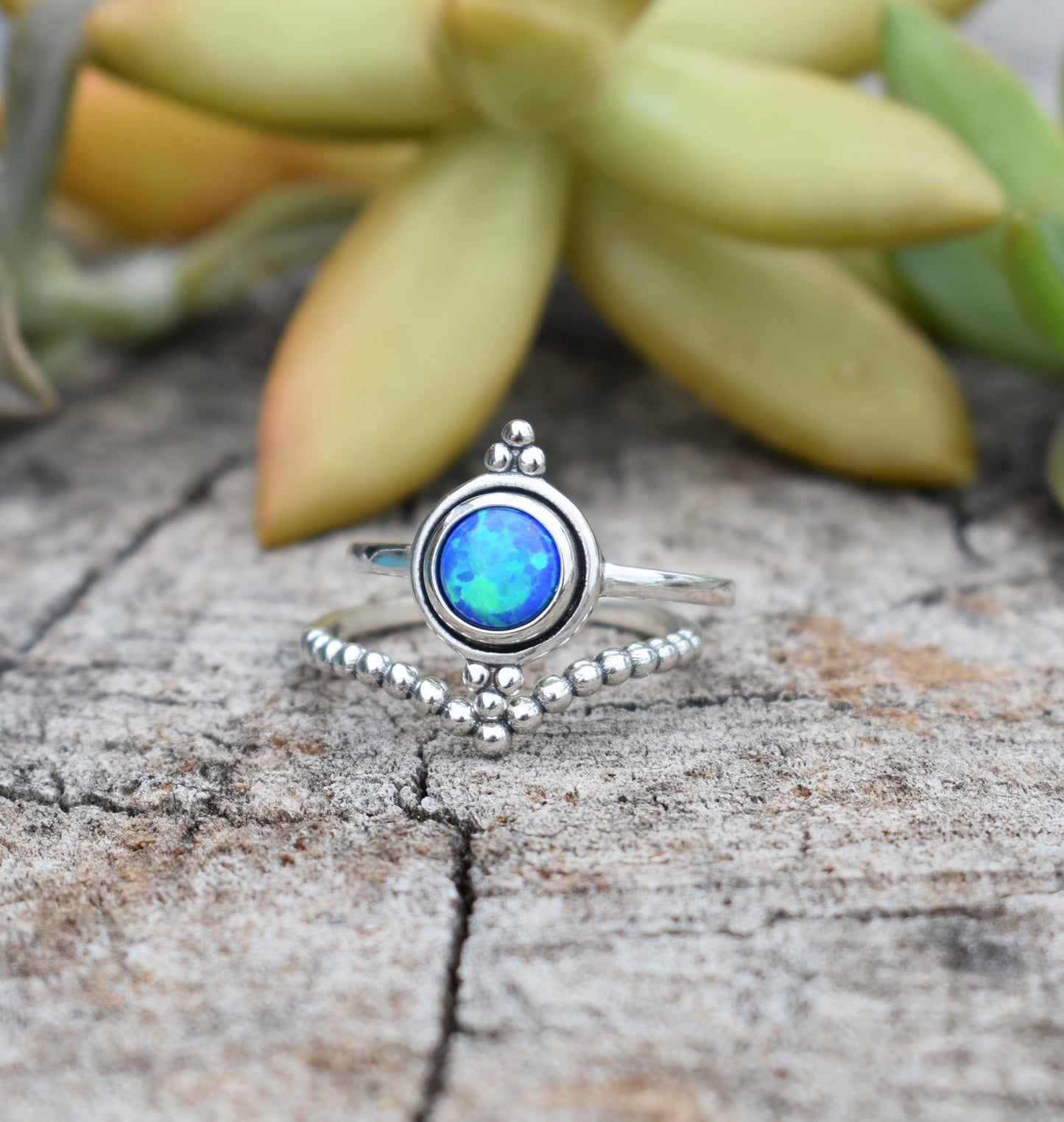 Blue Opal Engagement Ring- Opal Ring, October Birthstone- Sterling Silver