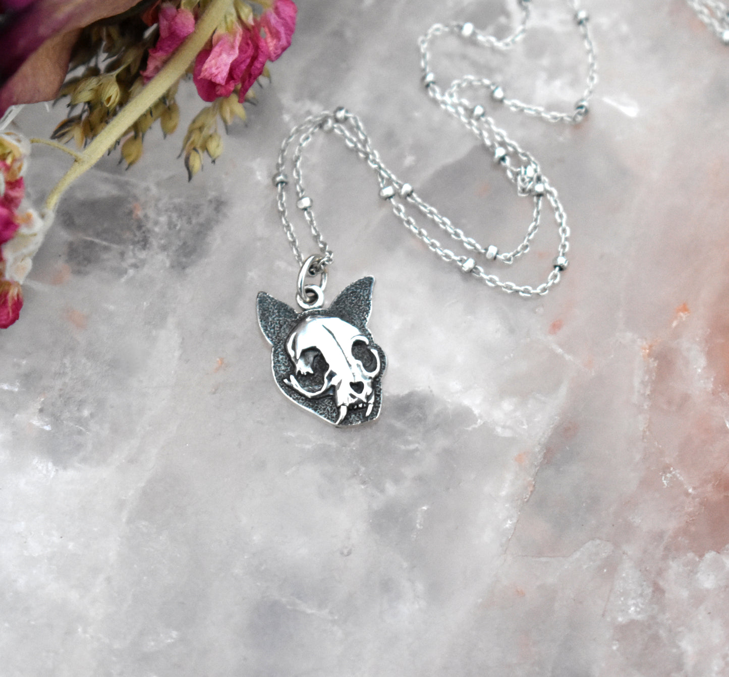 Kitty Skull Necklace-Sterling Silver, Cat Lovers-Cat Familiars