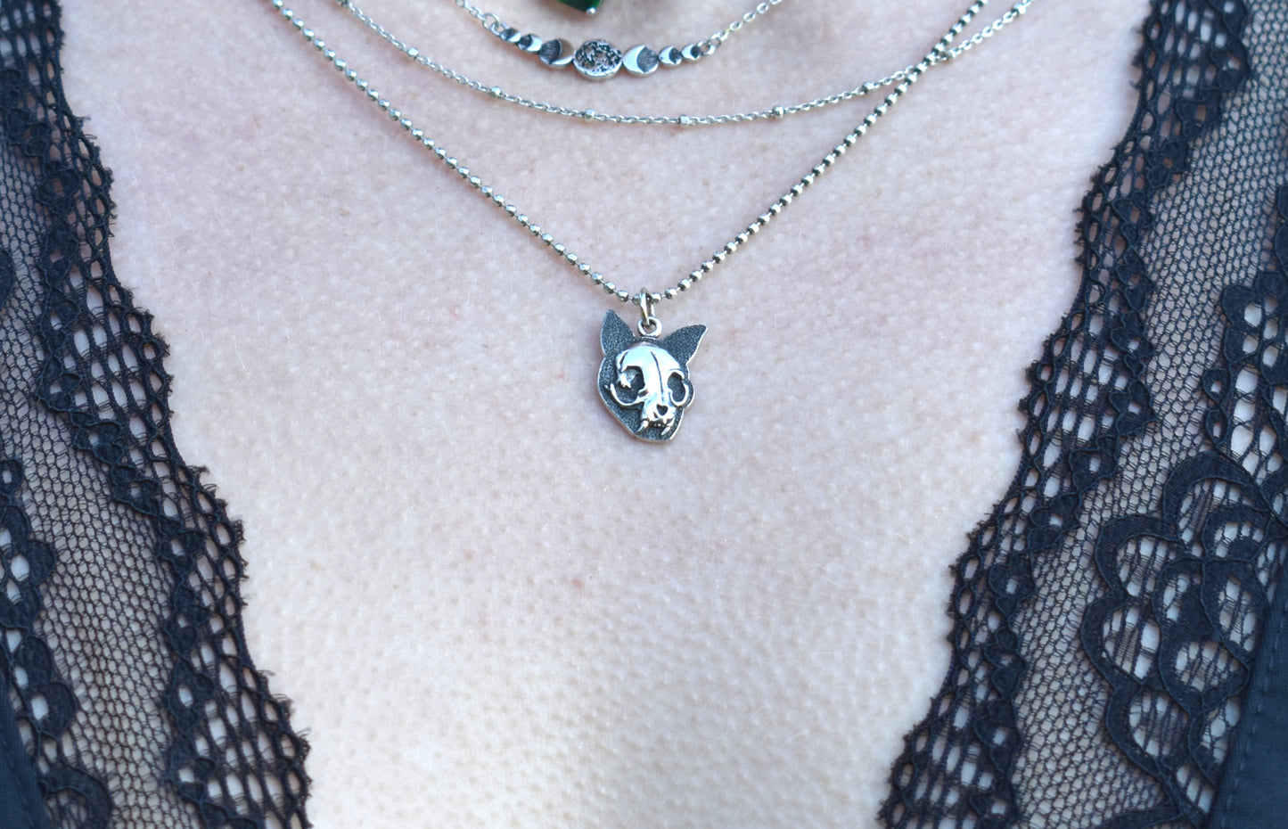 Kitty Skull Necklace-Sterling Silver, Cat Lovers-Cat Familiars