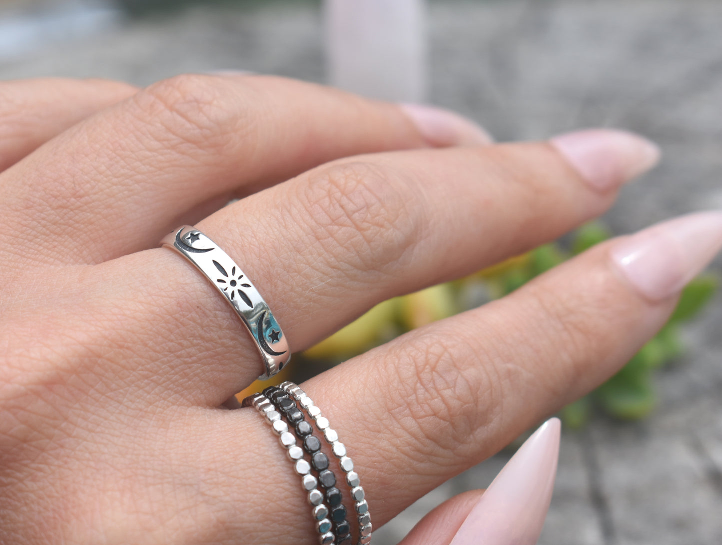 Celestial Moon Ring- Stars Ring, Eternity Ring Band- Sterling Silver Moon Ring