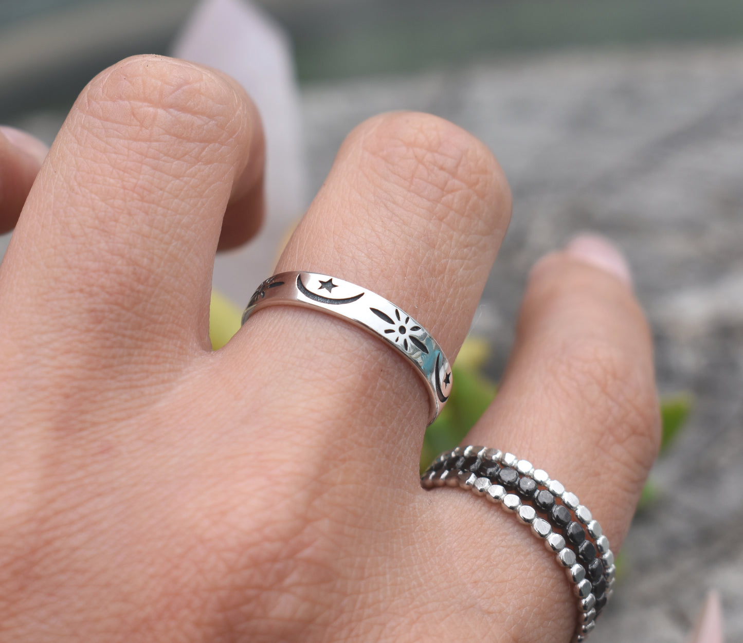 Celestial Moon Ring- Stars Ring, Eternity Ring Band- Sterling Silver Moon Ring