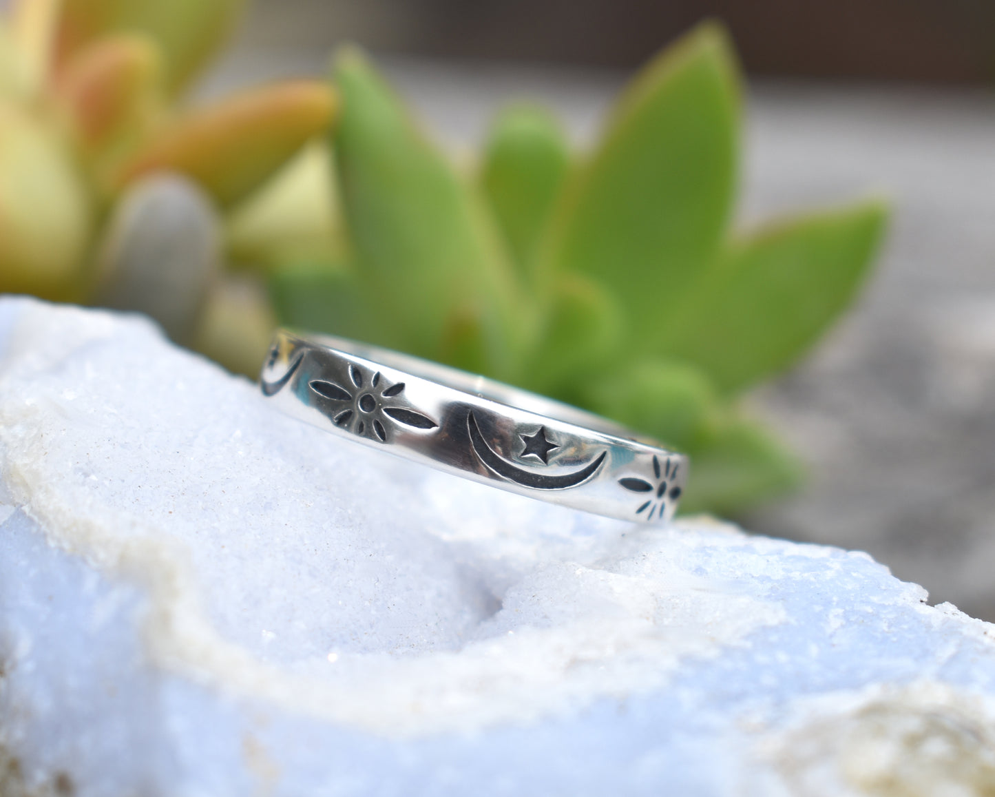 Celestial Moon Ring- Stars Ring, Eternity Ring Band- Sterling Silver Moon Ring
