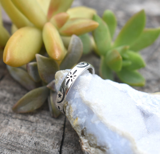 Celestial Moon Ring- Stars Ring, Eternity Ring Band- Sterling Silver Moon Ring