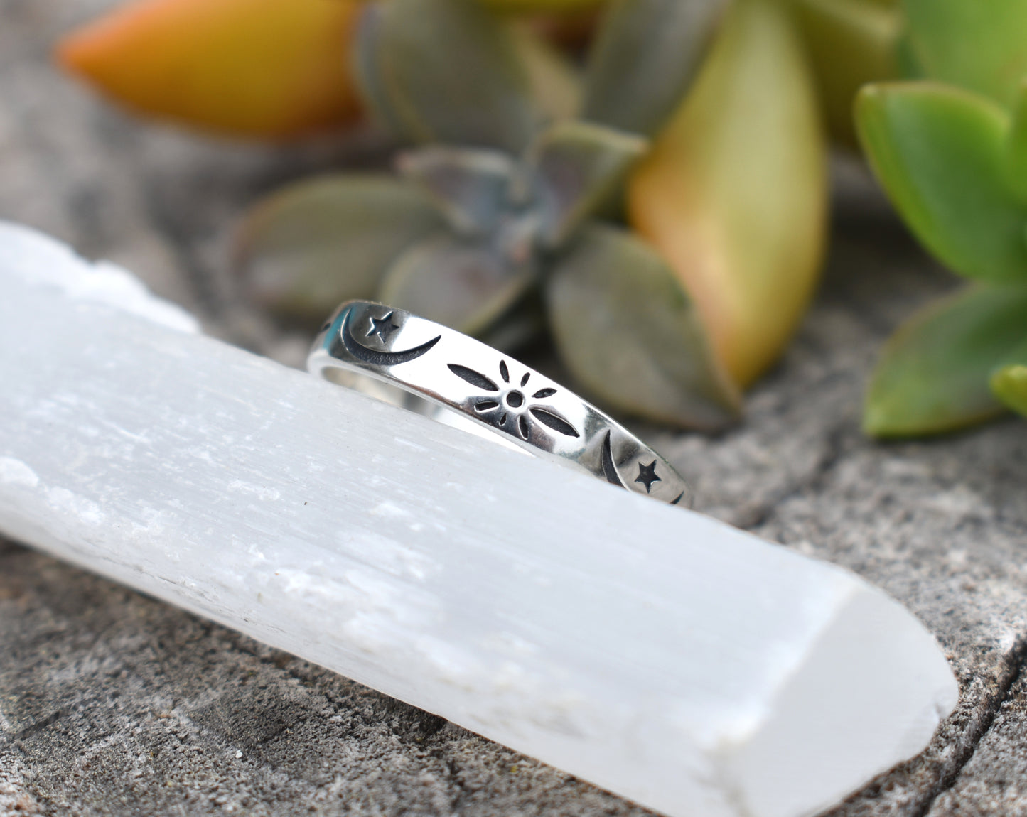 Celestial Moon Ring- Stars Ring, Eternity Ring Band- Sterling Silver Moon Ring