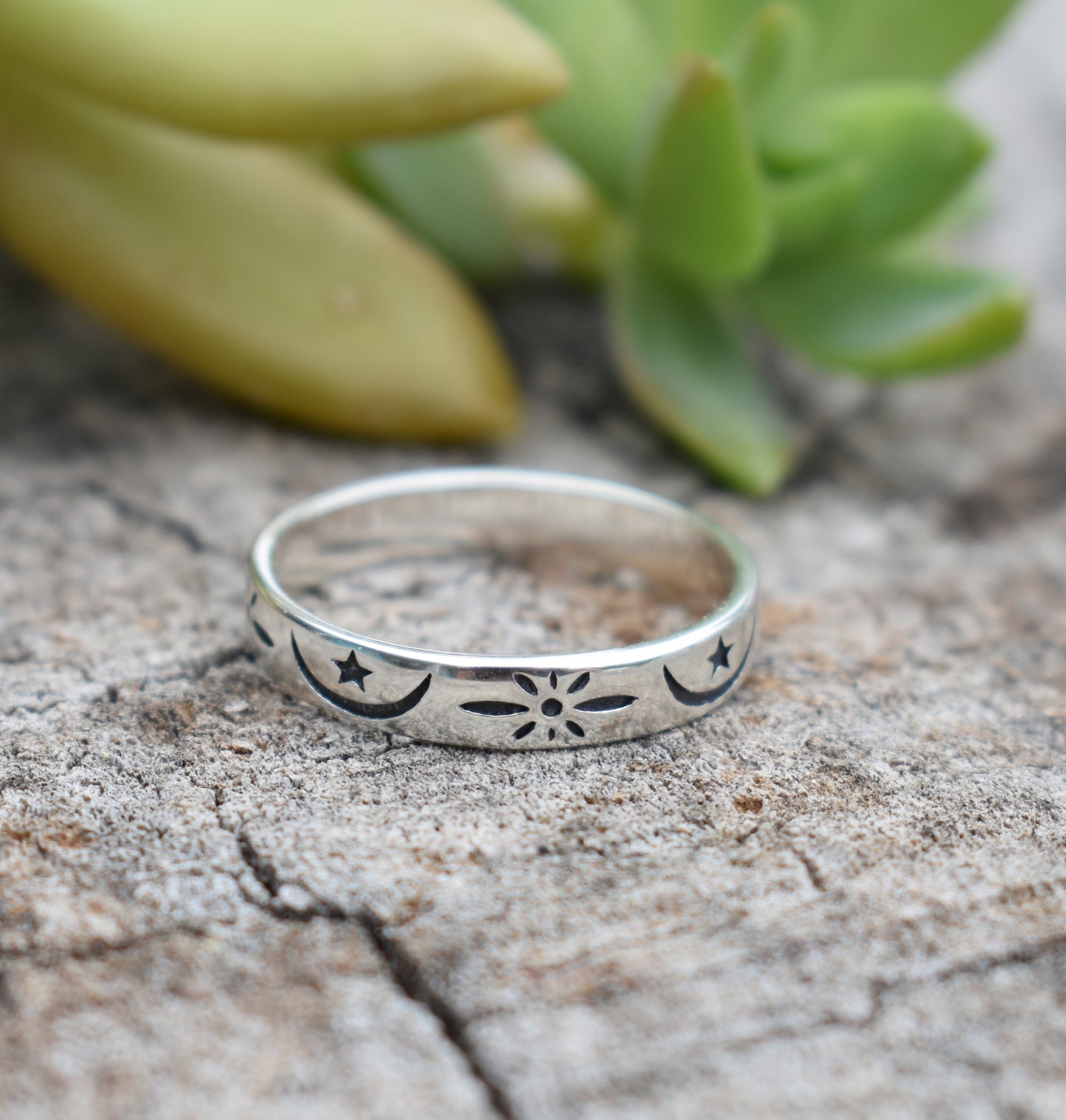 Celestial Moon Ring- Stars Ring, Eternity Ring Band- Sterling Silver Moon Ring