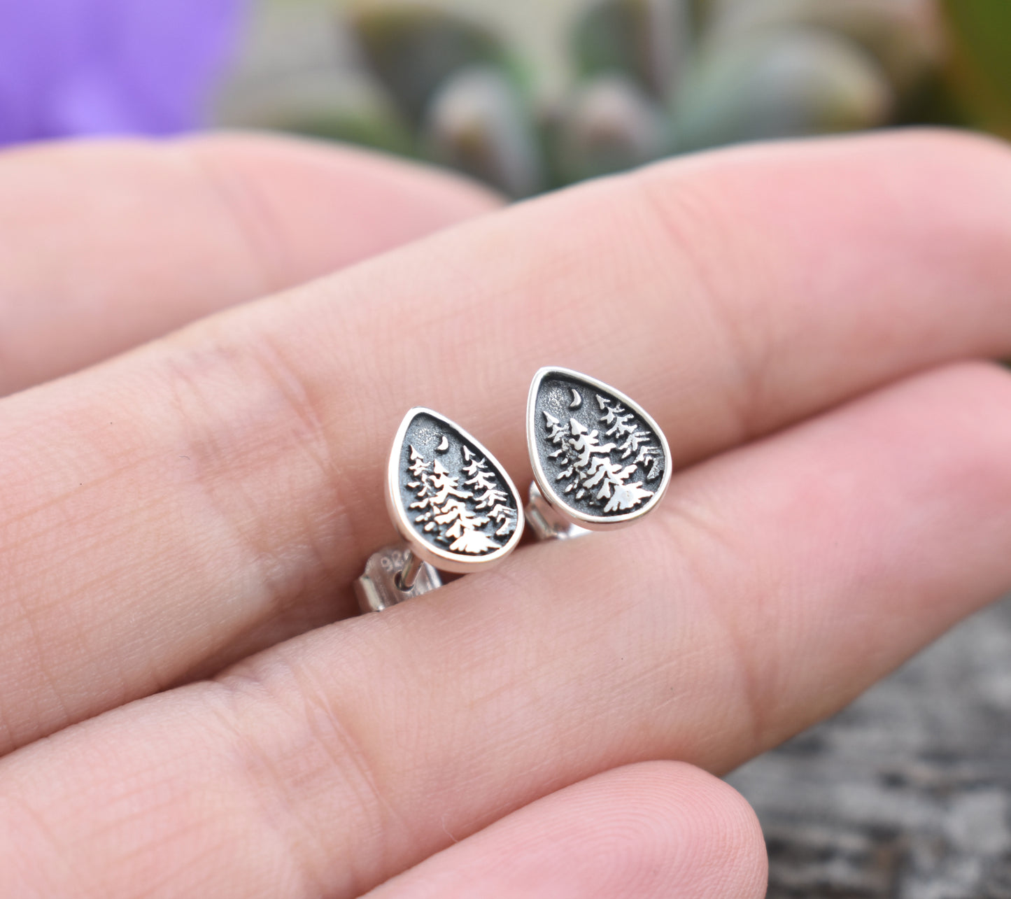 Forest Dweller Earrings-Tree Studs, Mountain Earrings-Sterling Silver Teardrop