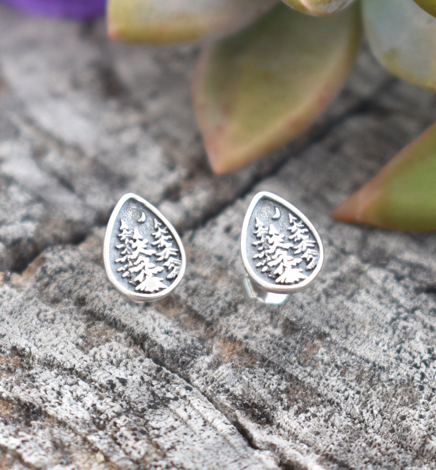 Forest Dweller Earrings-Tree Studs, Mountain Earrings-Sterling Silver Teardrop