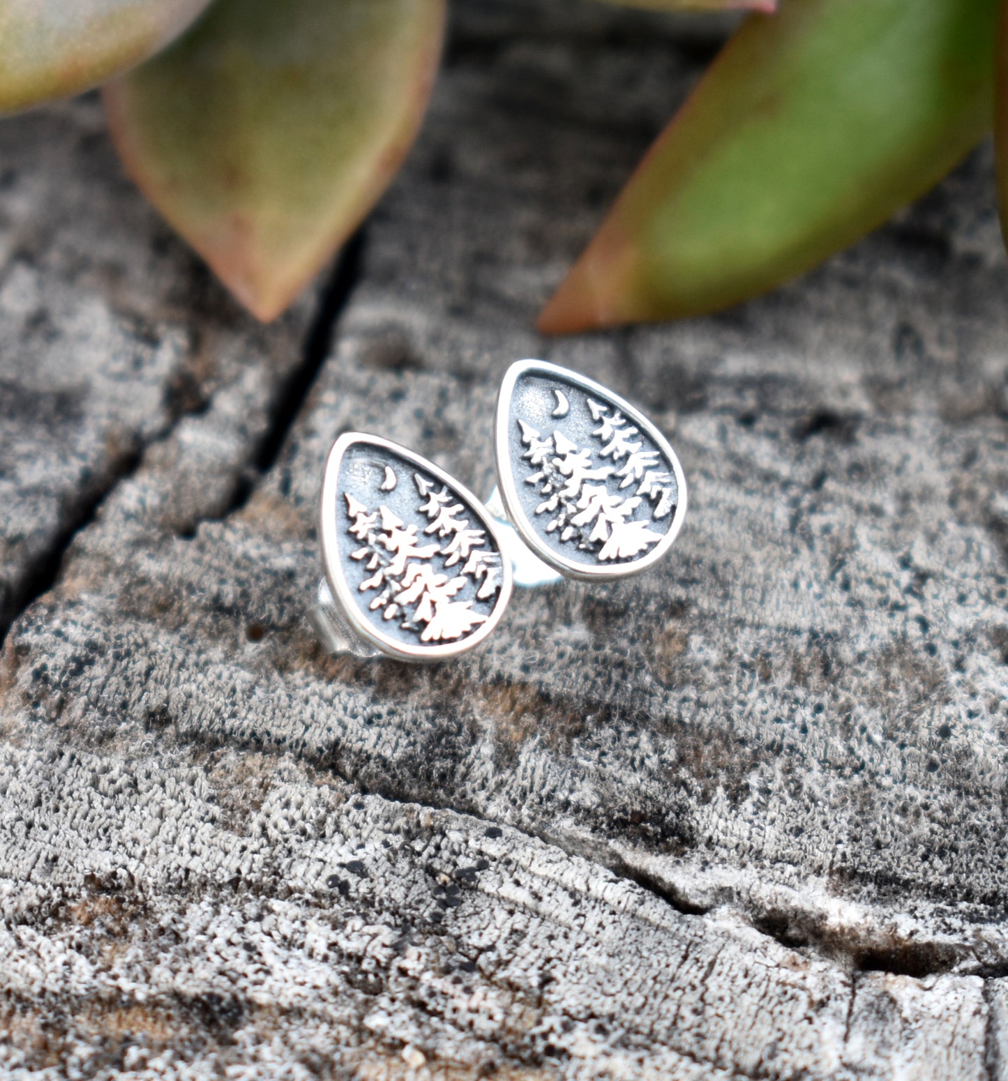 Forest Dweller Earrings-Tree Studs, Mountain Earrings-Sterling Silver Teardrop