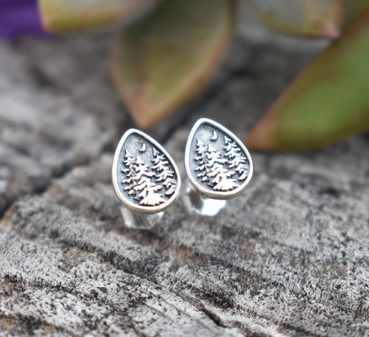 Forest Dweller Earrings-Tree Studs, Mountain Earrings-Sterling Silver Teardrop