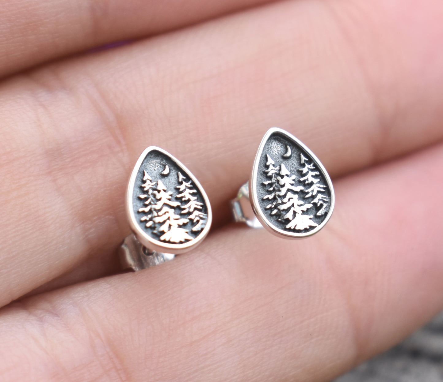Forest Dweller Earrings-Tree Studs, Mountain Earrings-Sterling Silver Teardrop