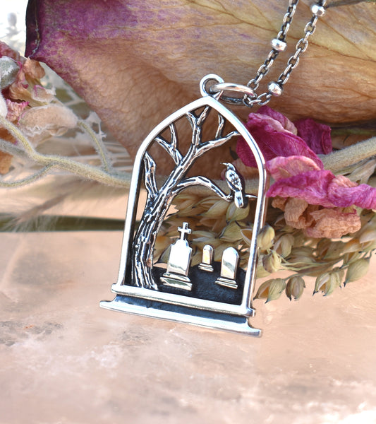Graveyard Necklace-Wednesday Inspired, Raven and Tombstones