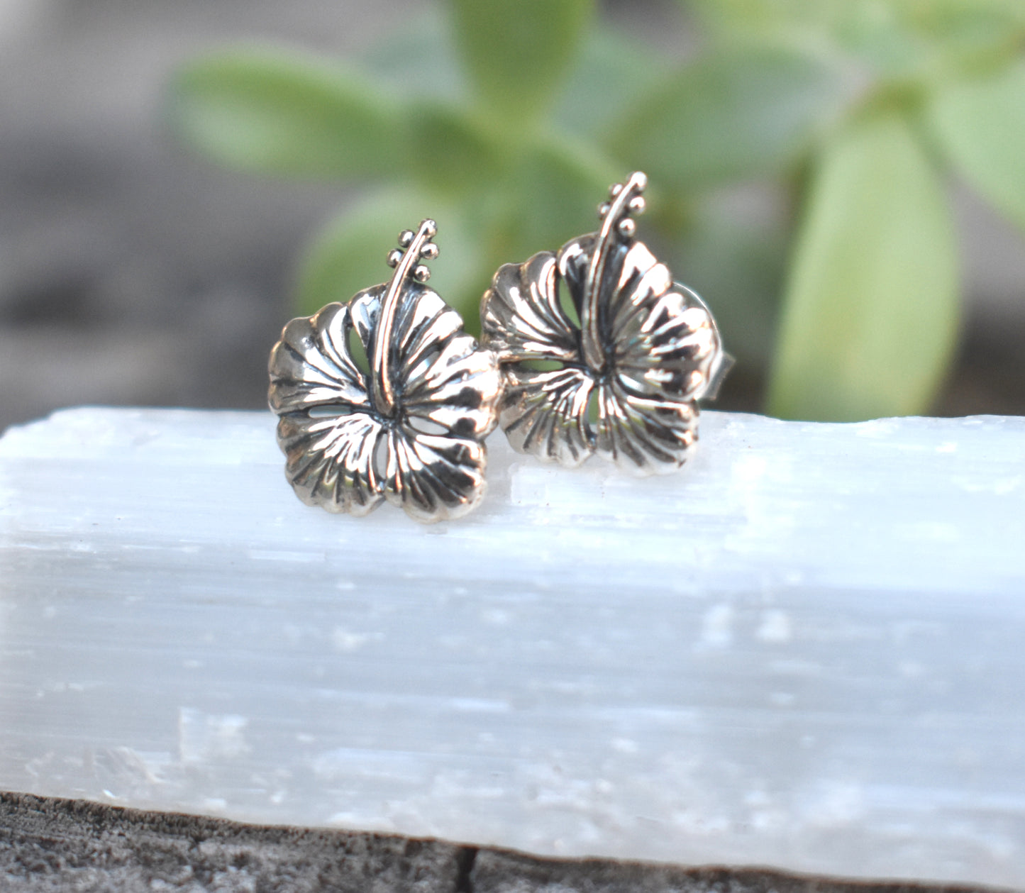 Hibiscus Earrings- Flower Earrings, Hibiscus Studs, Hibiscus Jewelry, Silver Hibiscus