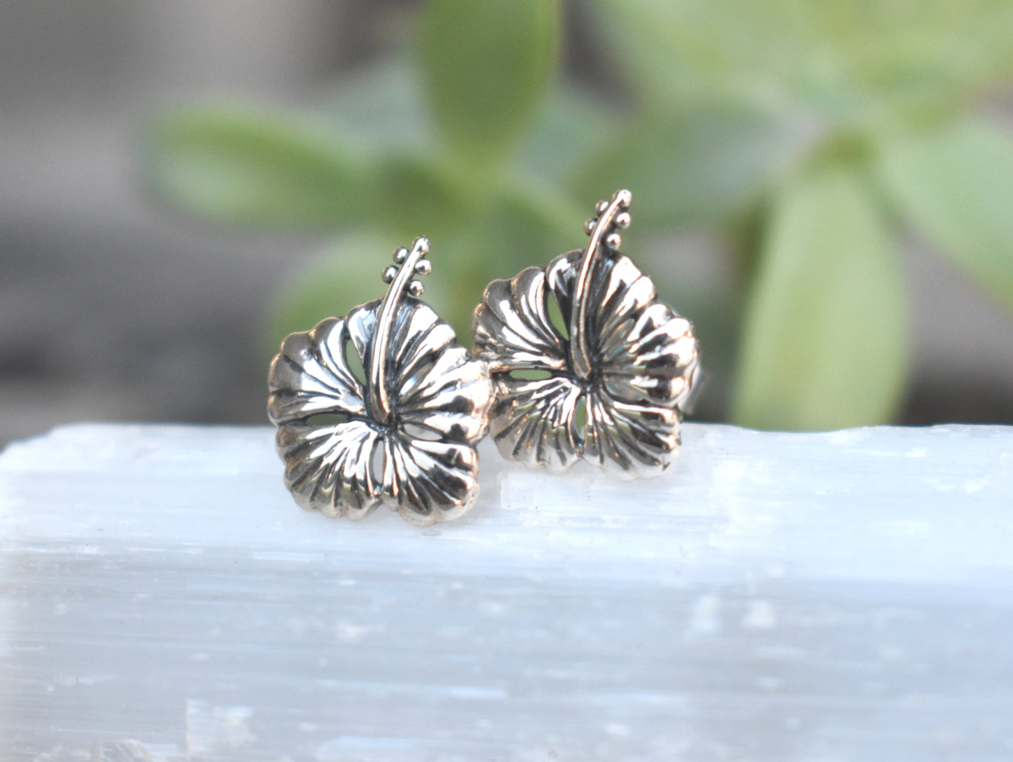 Hibiscus Earrings- Flower Earrings, Hibiscus Studs, Hibiscus Jewelry, Silver Hibiscus