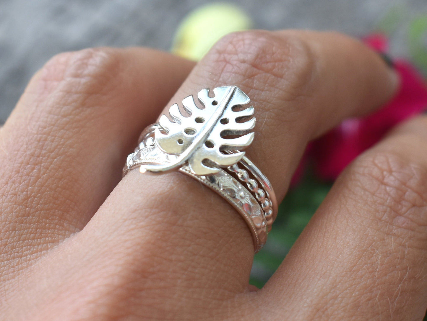 Monstera Ring- Houseplant Ring, Silver Stacking Rings, Plant Lady Ring