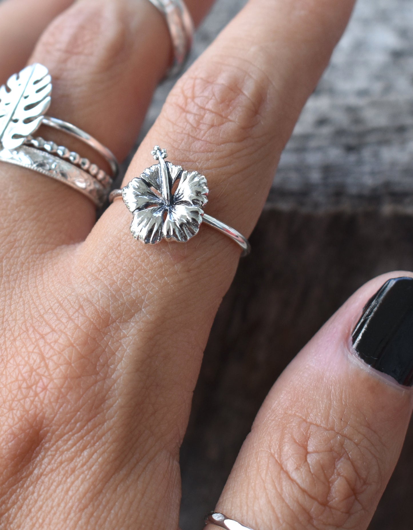Hibiscus Ring-  Flower Ring, Tropical Ring, Hawaiian Jewelry- Silver Flower Ring