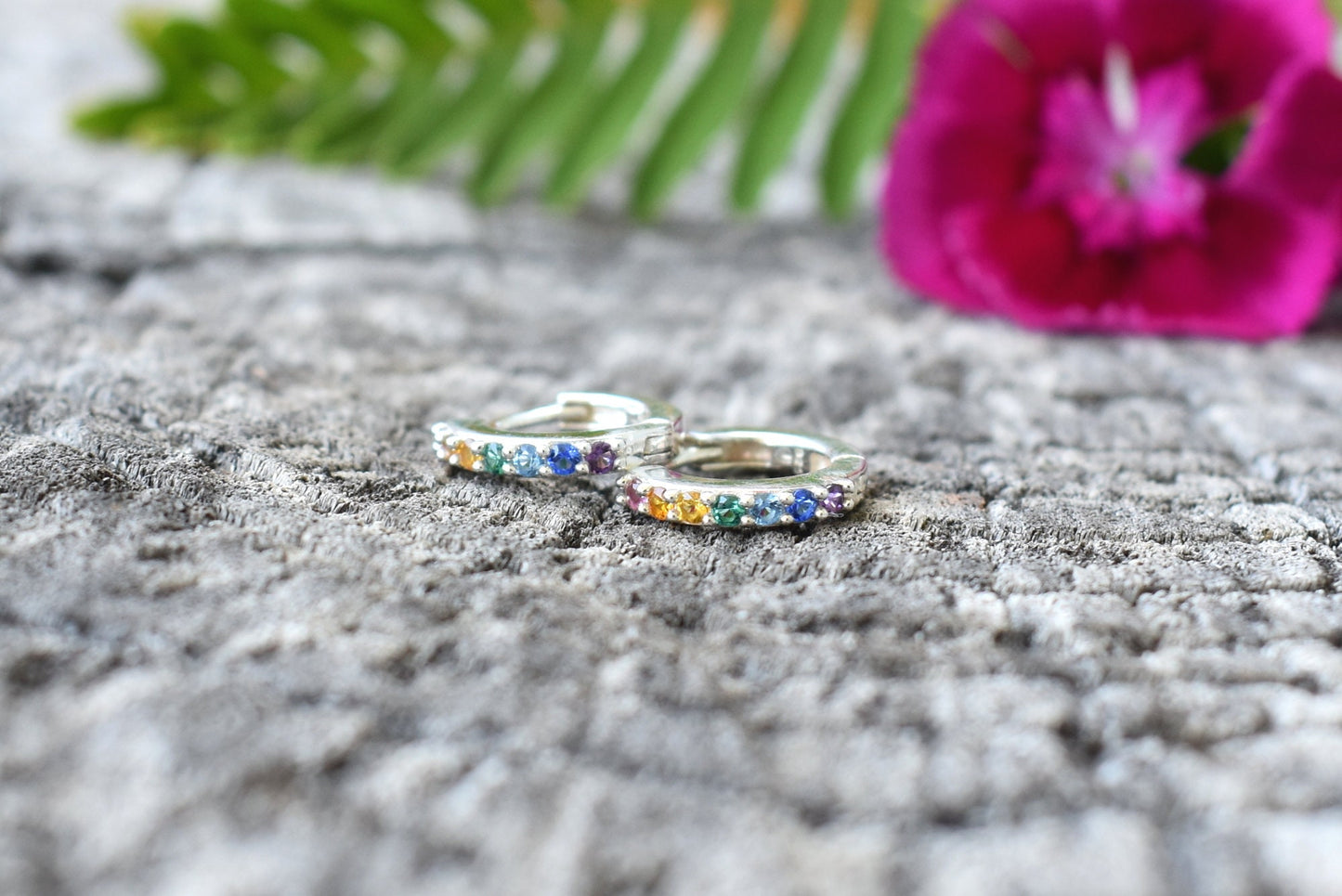 Rainbow Huggie Hoops- Rainbow Earrings, Silver Earrings, Hoop Earrings
