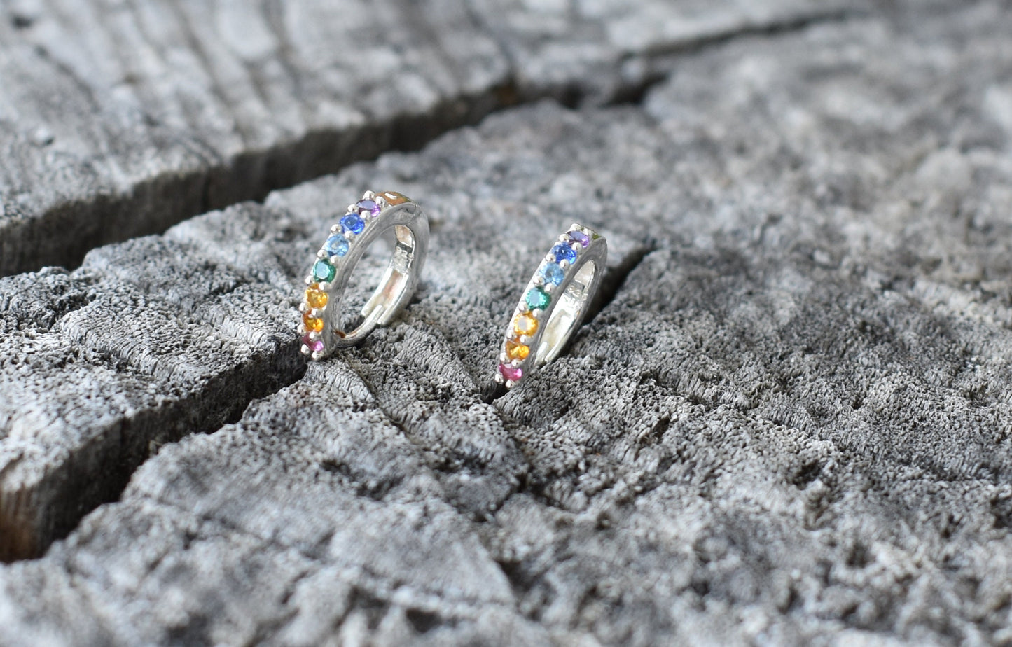 Rainbow Huggie Hoops- Rainbow Earrings, Silver Earrings, Hoop Earrings