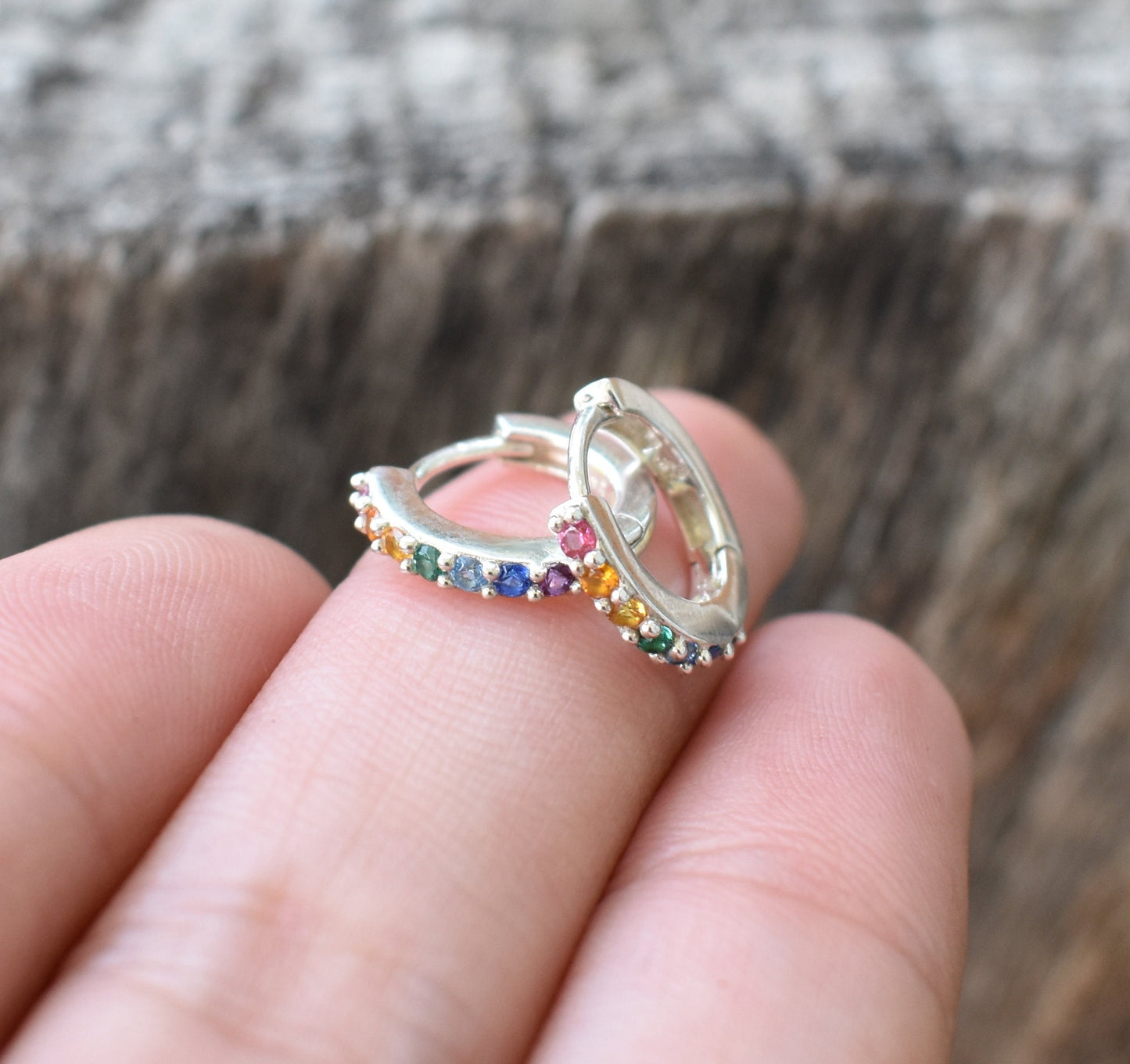 Rainbow Huggie Hoops- Rainbow Earrings, Silver Earrings, Hoop Earrings