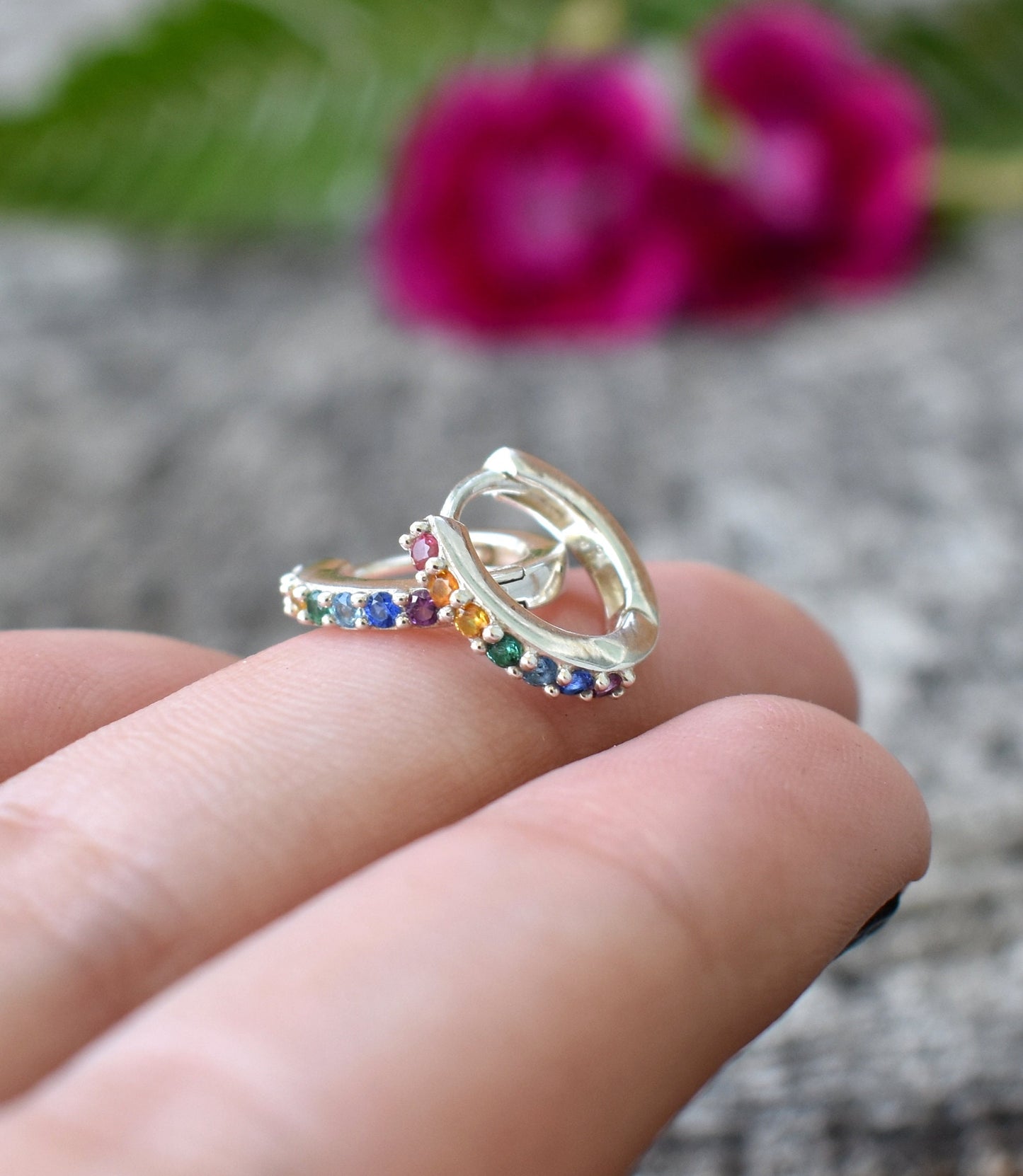 Rainbow Huggie Hoops- Rainbow Earrings, Silver Earrings, Hoop Earrings