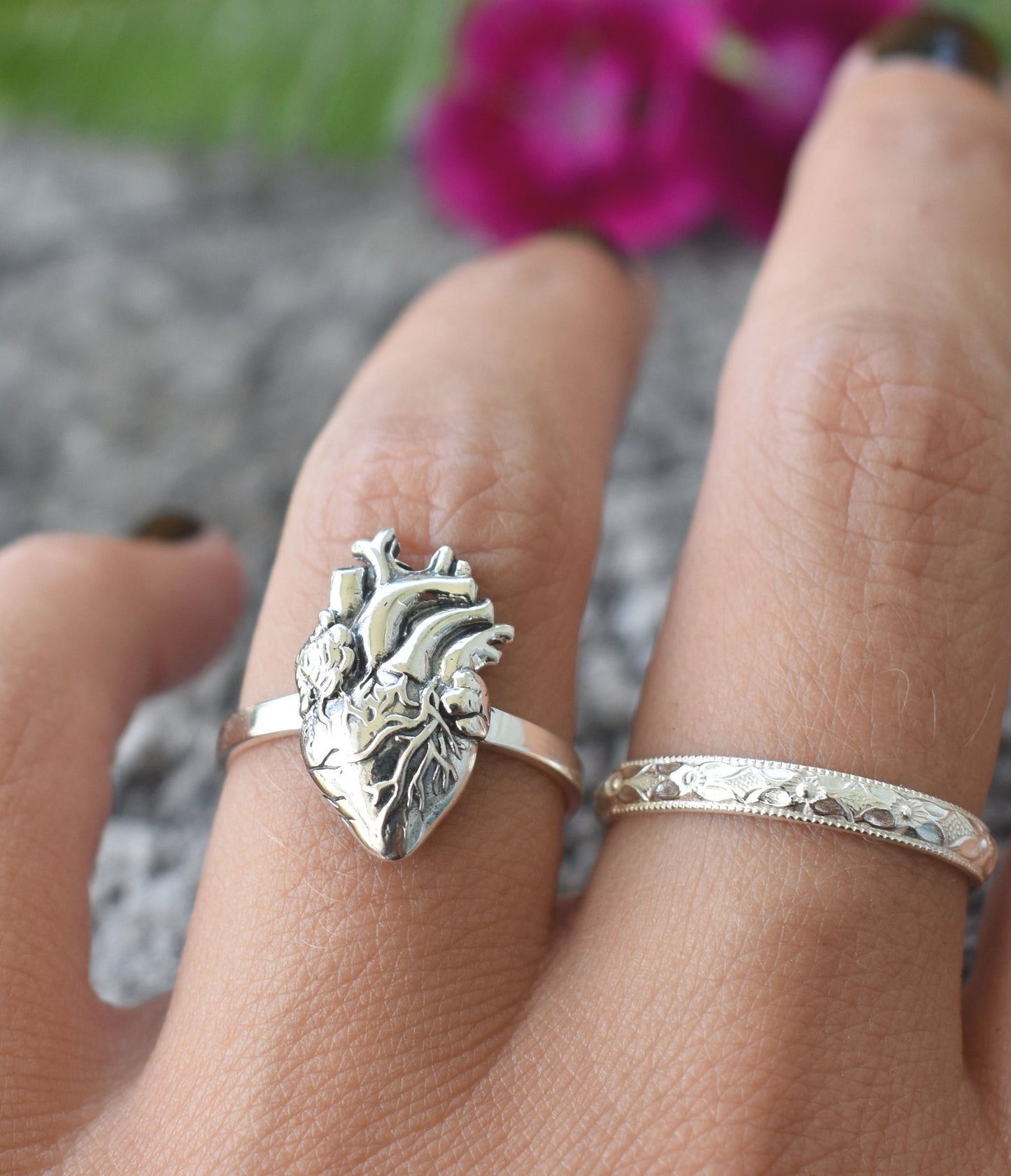Anatomical Heart Ring- Realistic Heart, Human Heart, Nurse, Doctor-Silver Heart Ring