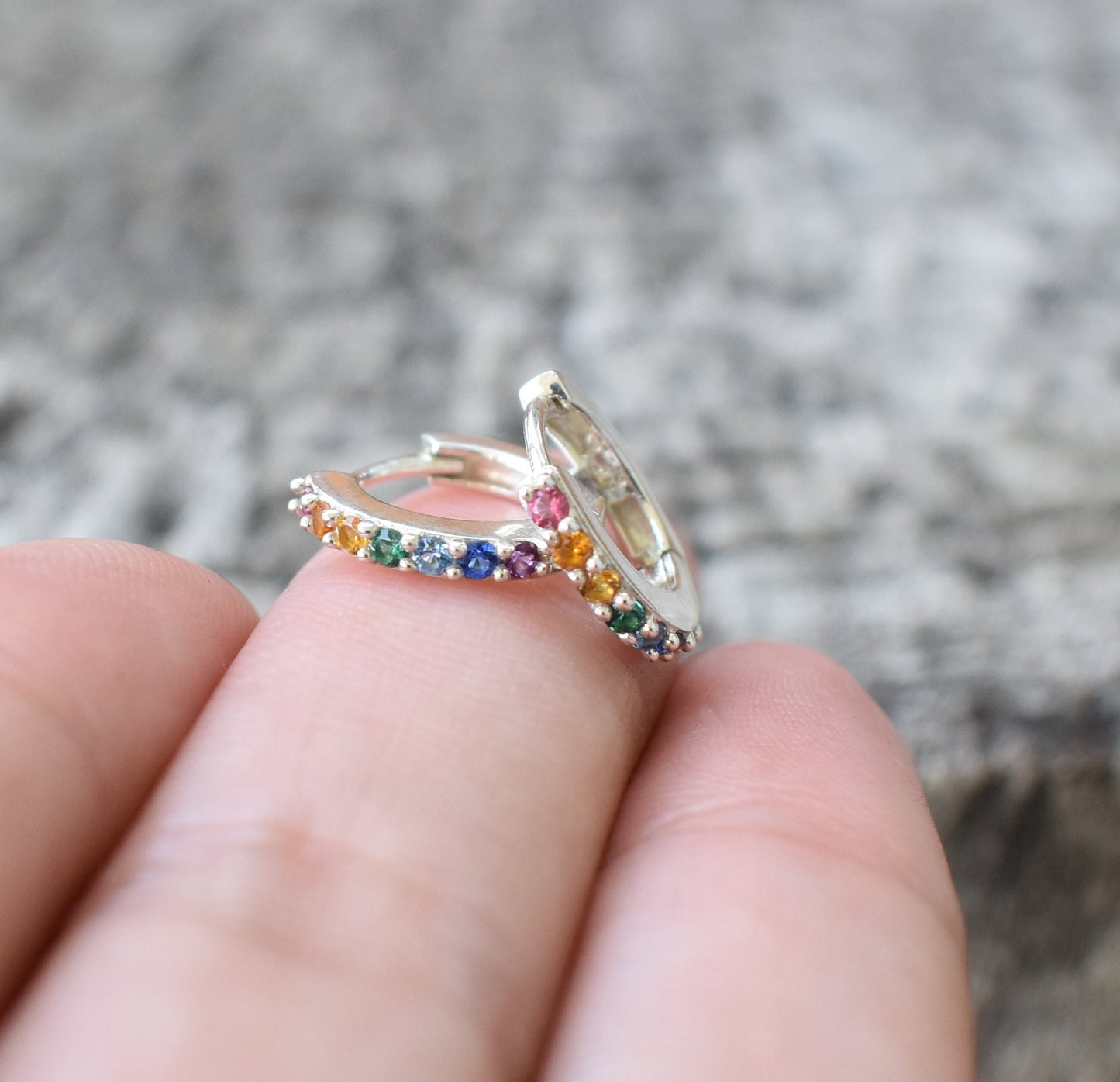 Rainbow Huggie Hoops- Rainbow Earrings, Silver Earrings, Hoop Earrings