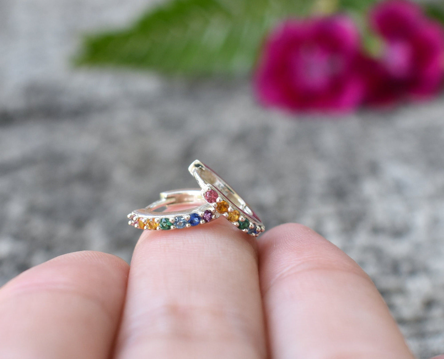 Rainbow Huggie Hoops- Rainbow Earrings, Silver Earrings, Hoop Earrings