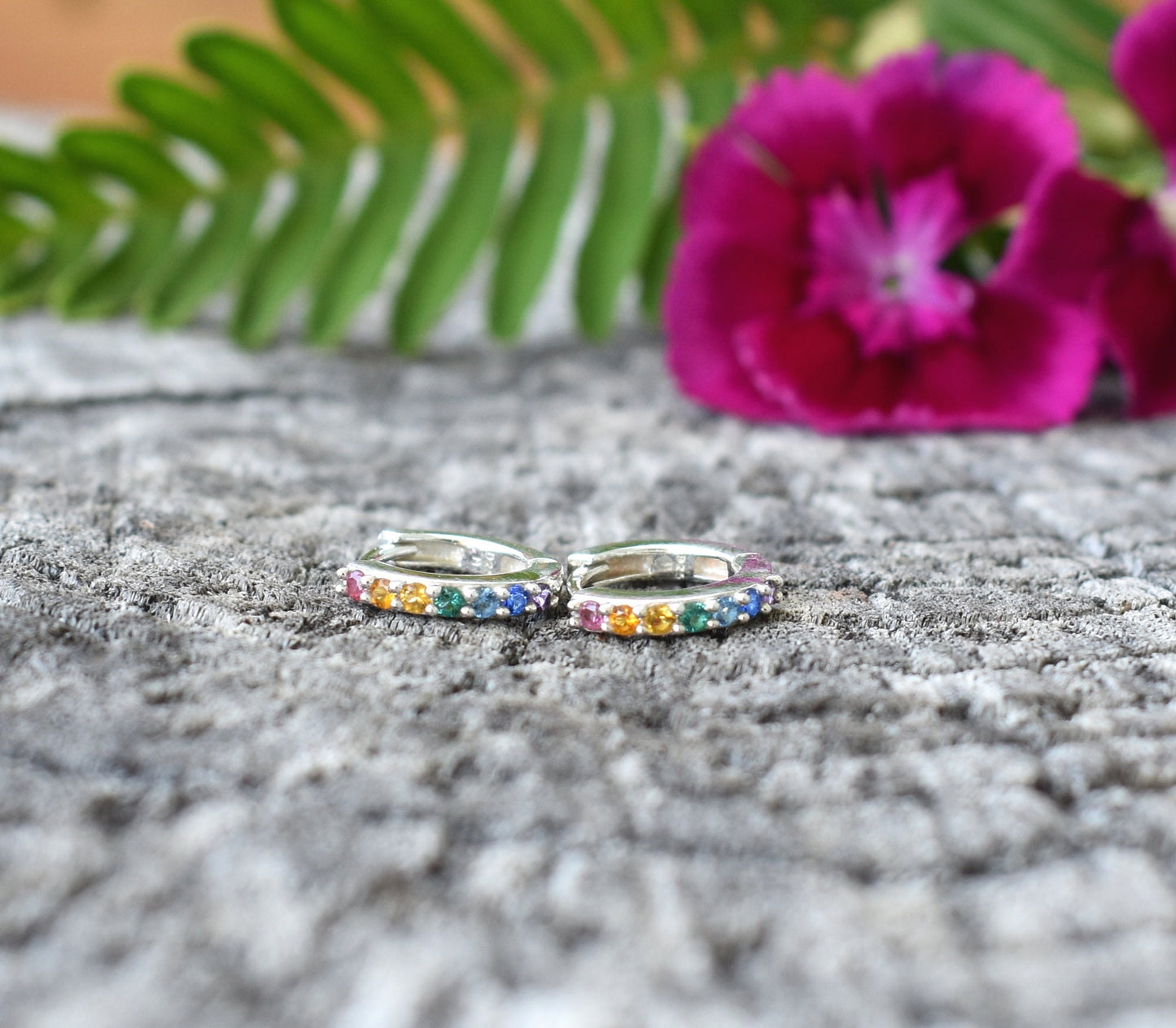 Rainbow Huggie Hoops- Rainbow Earrings, Silver Earrings, Hoop Earrings