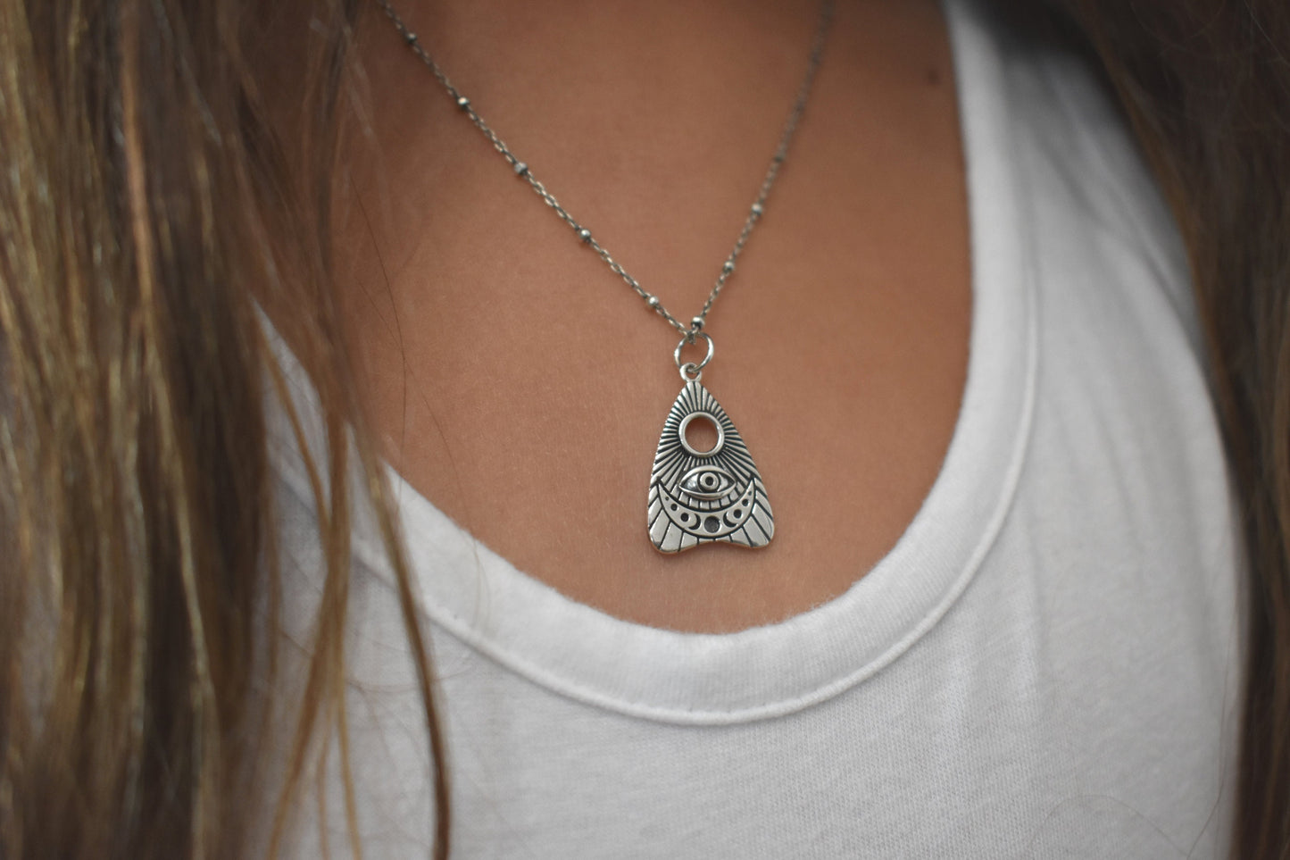 Planchette Necklace- Ouija Necklace, Spirit Board, Evil Eye Necklace-Silver Necklace