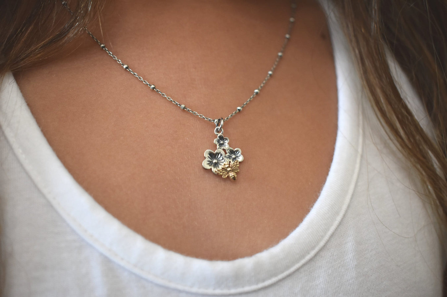 Cherry Blossom Necklace- Honeybee Necklace, Bee Jewelry, Gold Bee Necklace