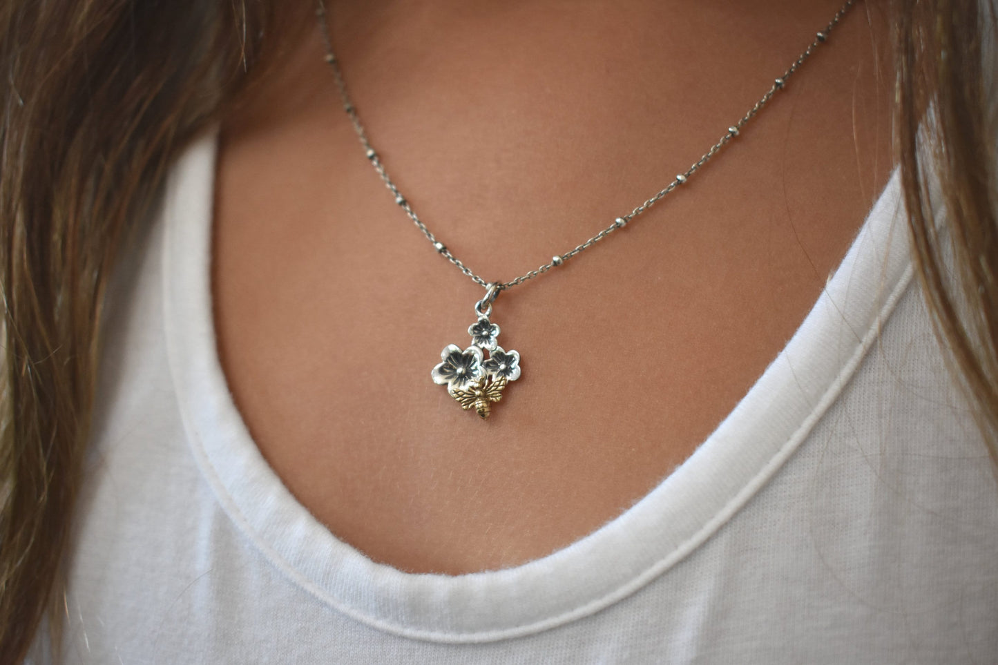 Cherry Blossom Necklace- Honeybee Necklace, Bee Jewelry, Gold Bee Necklace