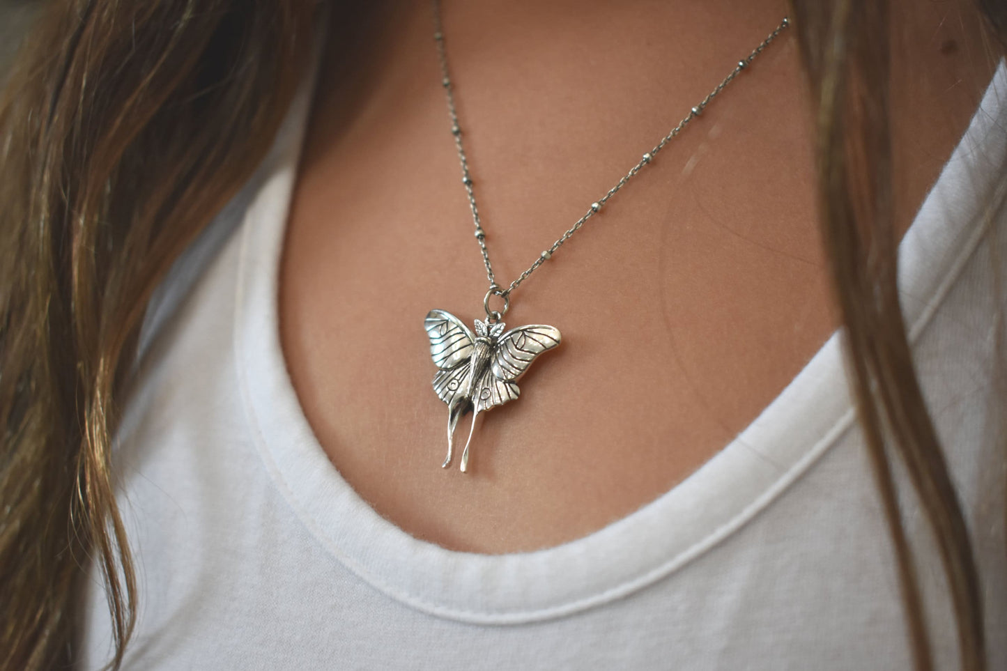 Luna Moth Necklace-Moth Jewelry, Butterfly Necklace- Silver Moth Necklace