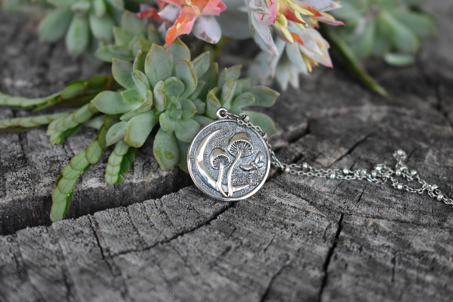 Mushroom Necklace- Moon necklace, Butterfly necklace- Silver Necklace