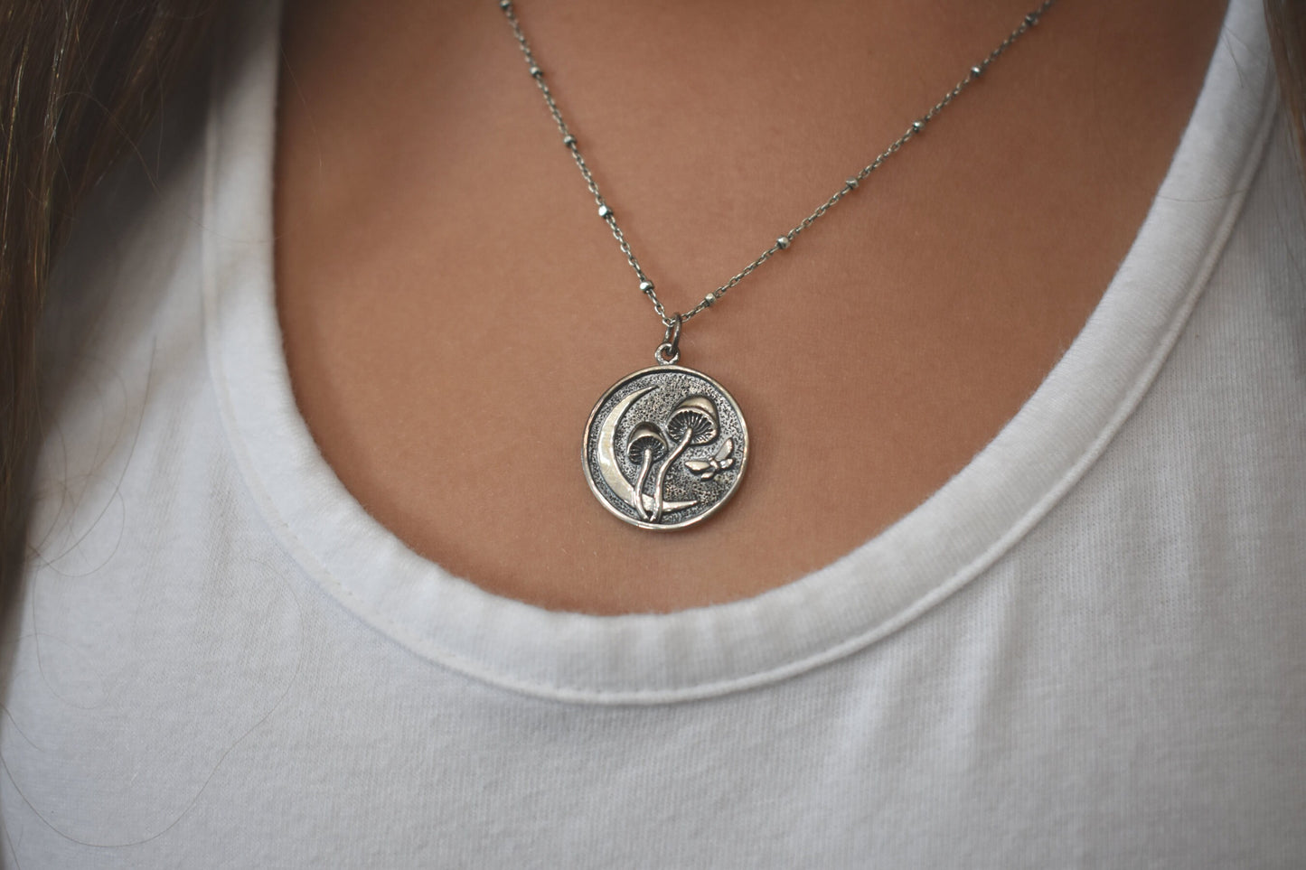 Mushroom Necklace- Moon necklace, Butterfly necklace- Silver Necklace
