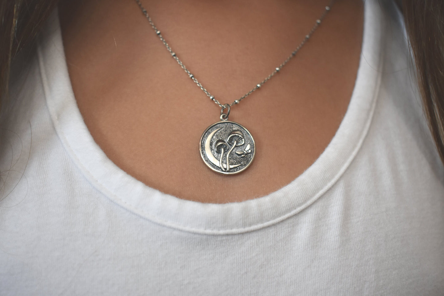 Mushroom Necklace- Moon necklace, Butterfly necklace- Silver Necklace