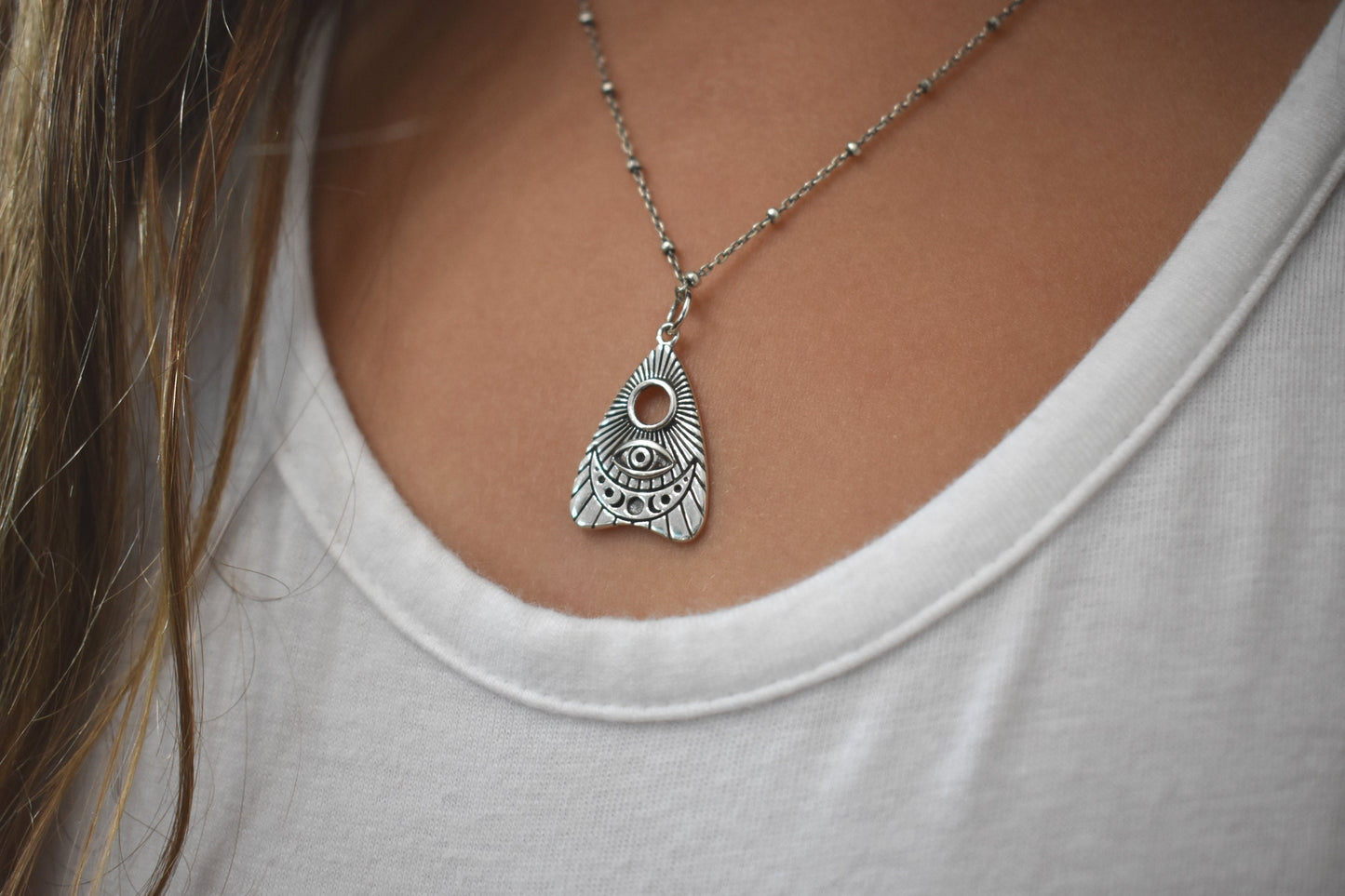 Planchette Necklace- Ouija Necklace, Spirit Board, Evil Eye Necklace-Silver Necklace