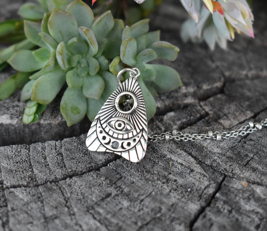 Planchette Necklace- Ouija Necklace, Spirit Board, Evil Eye Necklace-Silver Necklace