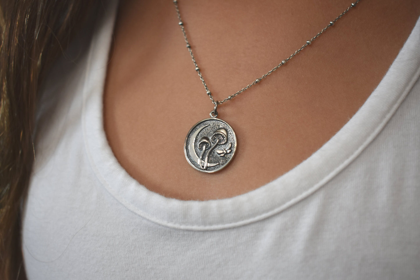 Mushroom Necklace- Moon necklace, Butterfly necklace- Silver Necklace