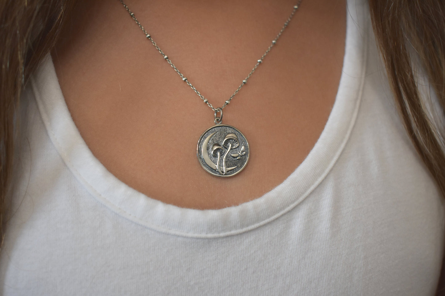 Mushroom Necklace- Moon necklace, Butterfly necklace- Silver Necklace