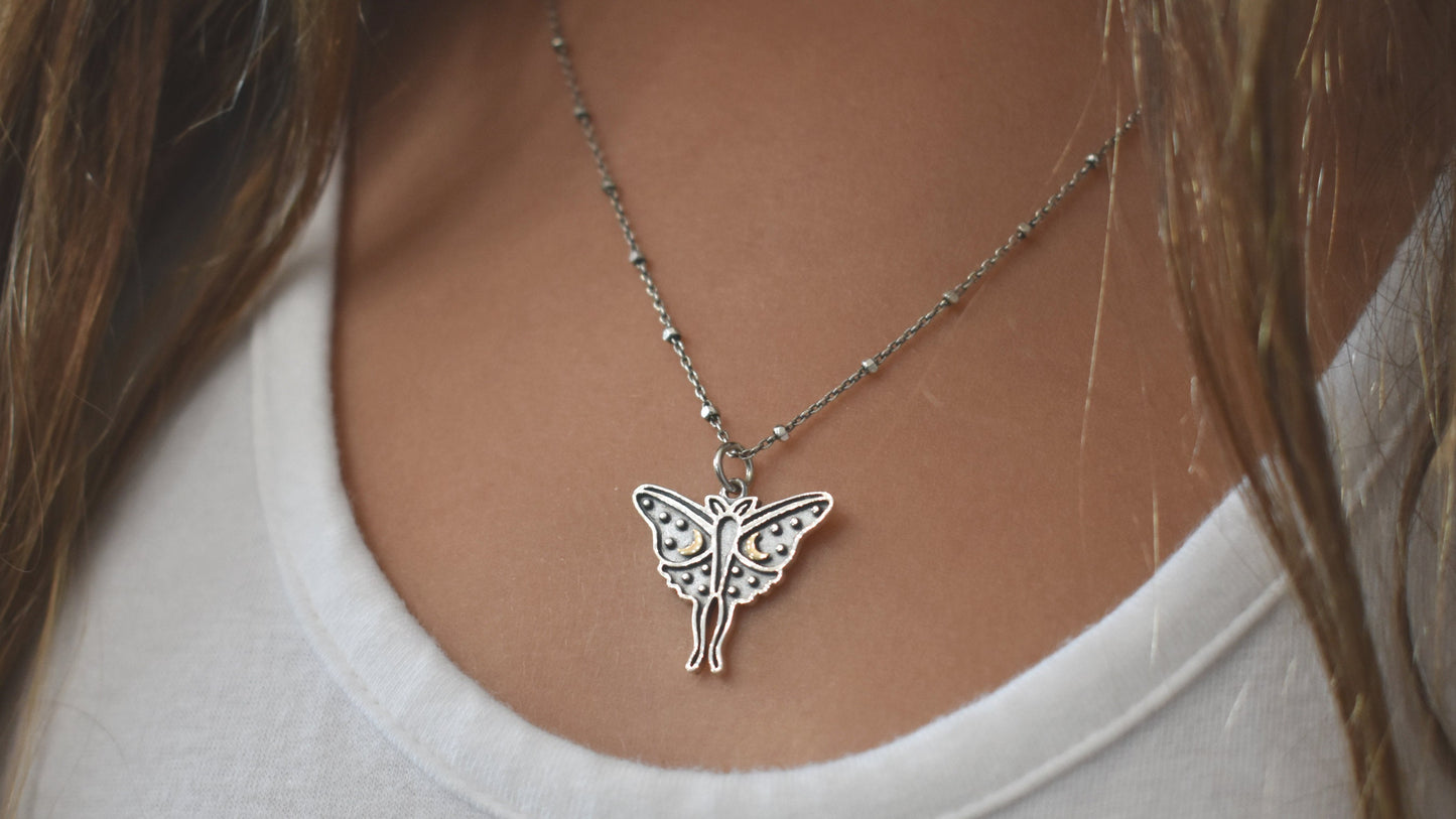 Luna Moth Necklace- Moth Jewelry, Moon And Star, Butterfly Necklace- Silver Necklace