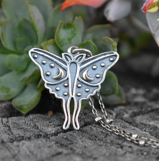 Luna Moth Necklace- Moth Jewelry, Moon And Star, Butterfly Necklace- Silver Necklace
