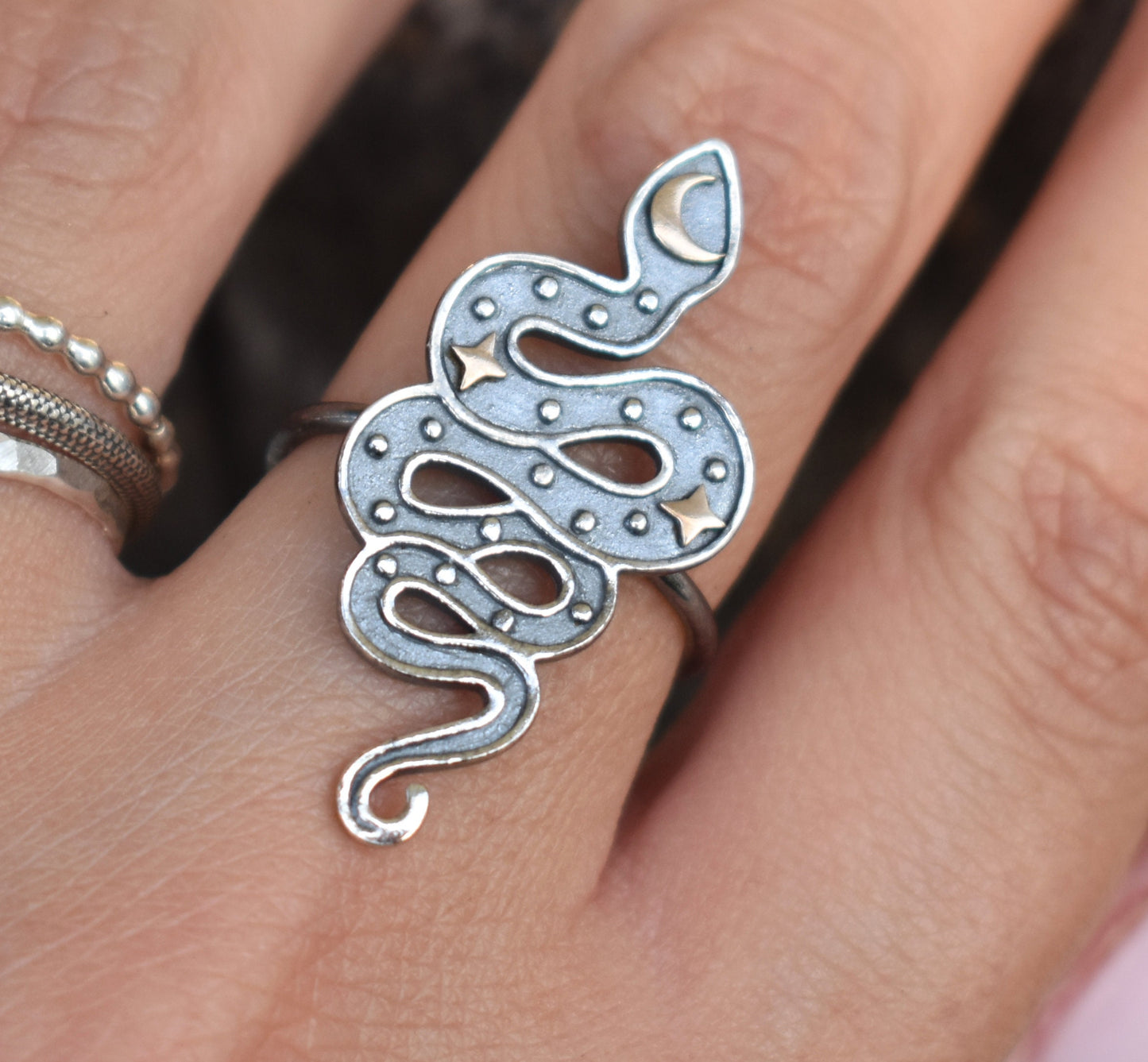 Snake Ring- Moon And Star Ring, Snake Jewelry, Halloween ring- Silver Snake Ring