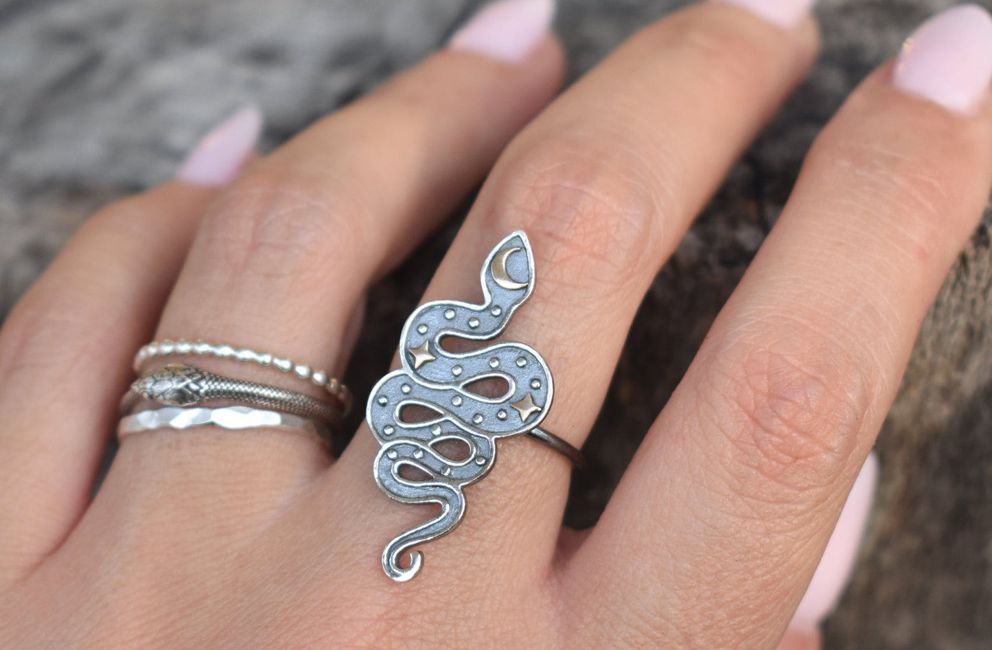 Snake Ring- Moon And Star Ring, Snake Jewelry, Halloween ring- Silver Snake Ring