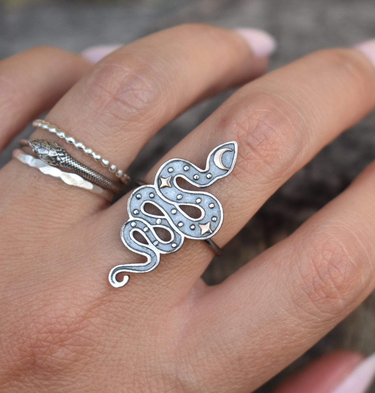 Snake Ring- Moon And Star Ring, Snake Jewelry, Halloween ring- Silver Snake Ring