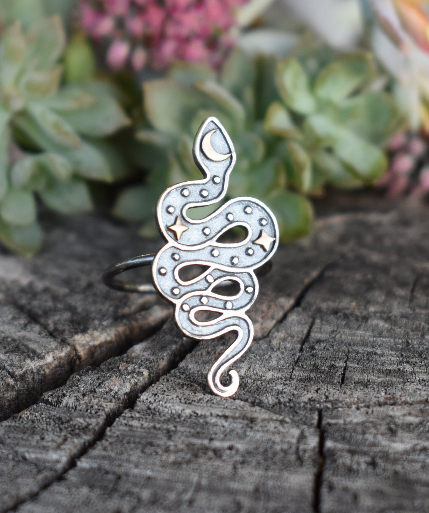 Snake Ring- Moon And Star Ring, Snake Jewelry, Halloween ring- Silver Snake Ring