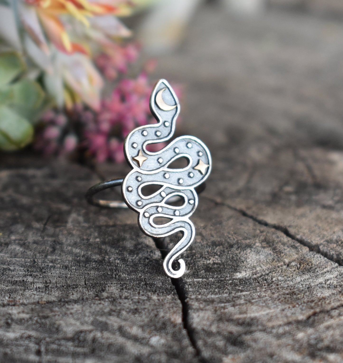 Snake Ring- Moon And Star Ring, Snake Jewelry, Halloween ring- Silver Snake Ring