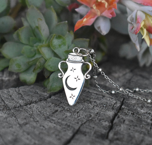 Potion Necklace- Potion Bottle, Witches Brew, Moon And Star Necklace-Silver Necklace