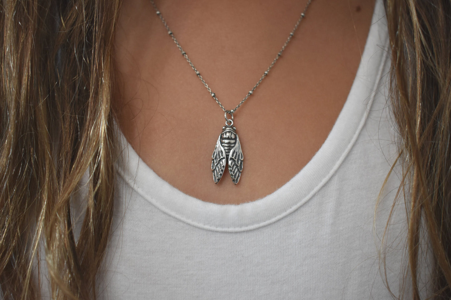 Cicada Necklace- Brood Cicada, Cicada Wing, Bug necklace,- Silver Necklace